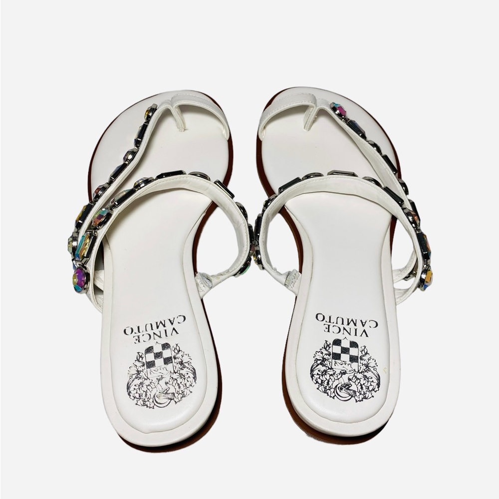 Vince Camuto Bejeweled Sandals Ambridil White Leathers shoes Toe Loop - Picture 8 of 10